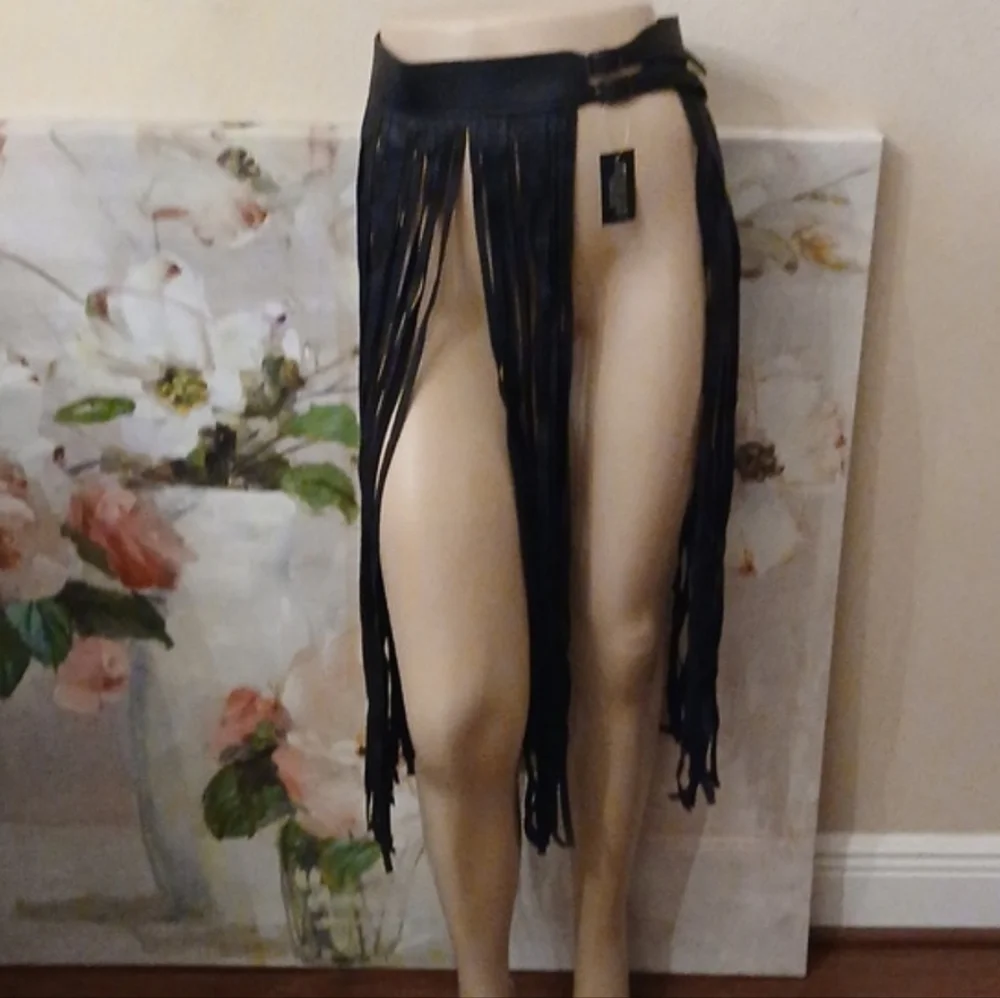 Faux Leather Fringe Belt Skirt